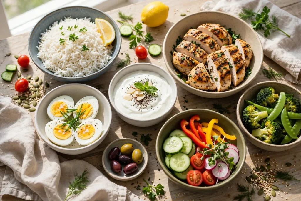 A lean bulk meal spread of grilled chicken, rice, eggs, Greek yogurt and vegetables on a table
