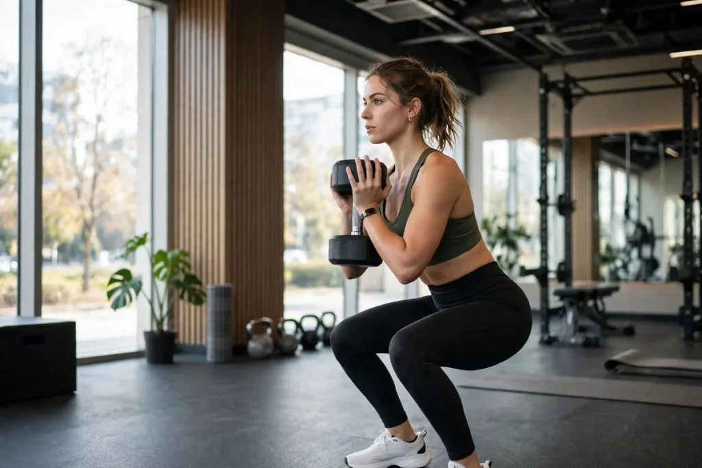 A woman performing a goblet squat with a dumbbell in a bright modern gym