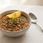 Bowl of lentil soup with a lemon wedge and herbs