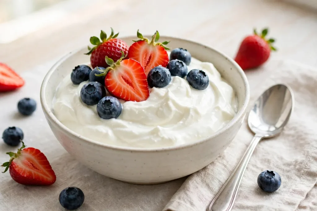 bowl of Greek yogurt with strawberries and blueberries