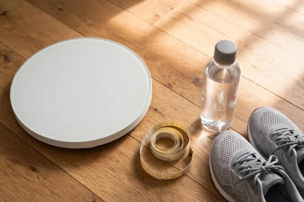 can i lose 10 pounds in one month — a scale with a measuring tape, water bottle and running shoes
