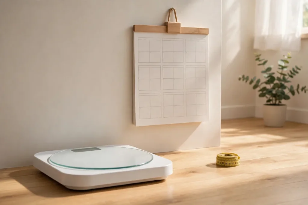 A bathroom scale on a wooden floor beneath a blank wall calendar, with a measuring tape beside it