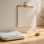 A bathroom scale on a wooden floor beneath a blank wall calendar, with a measuring tape beside it