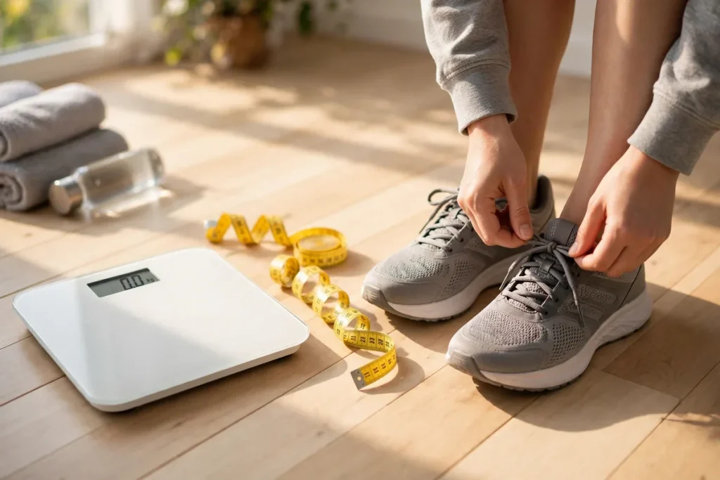 How long does it take to lose 50 pounds - tying walking shoes beside a scale and a yellow measuring tape