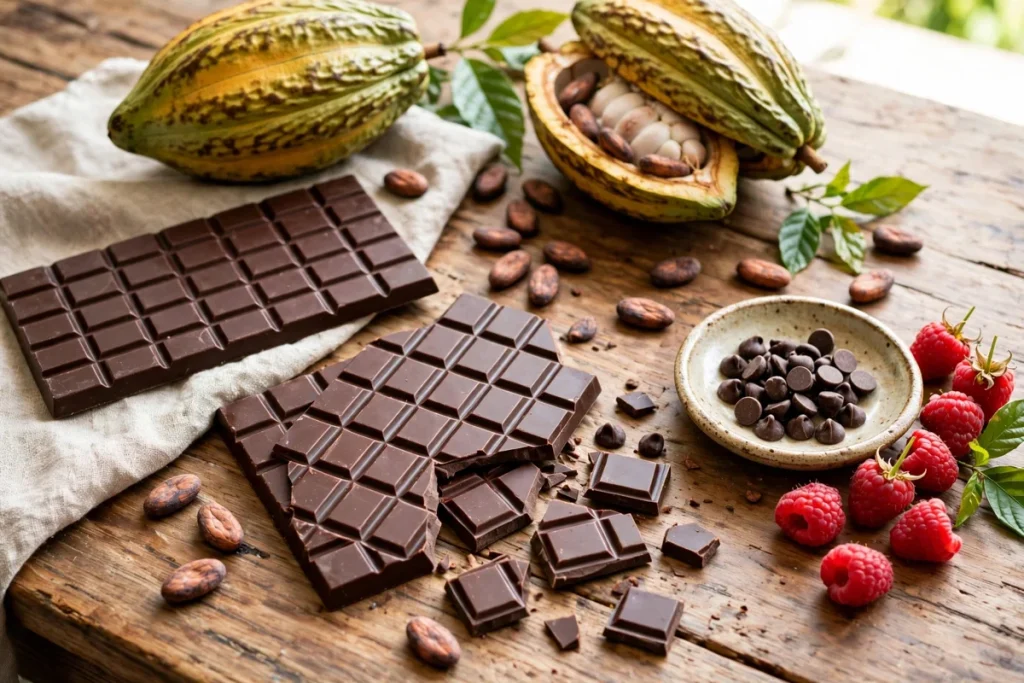 low calorie chocolate bars — dark chocolate bars with cocoa beans and raspberries on a table