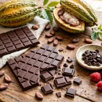 low calorie chocolate bars — dark chocolate bars with cocoa beans and raspberries on a table