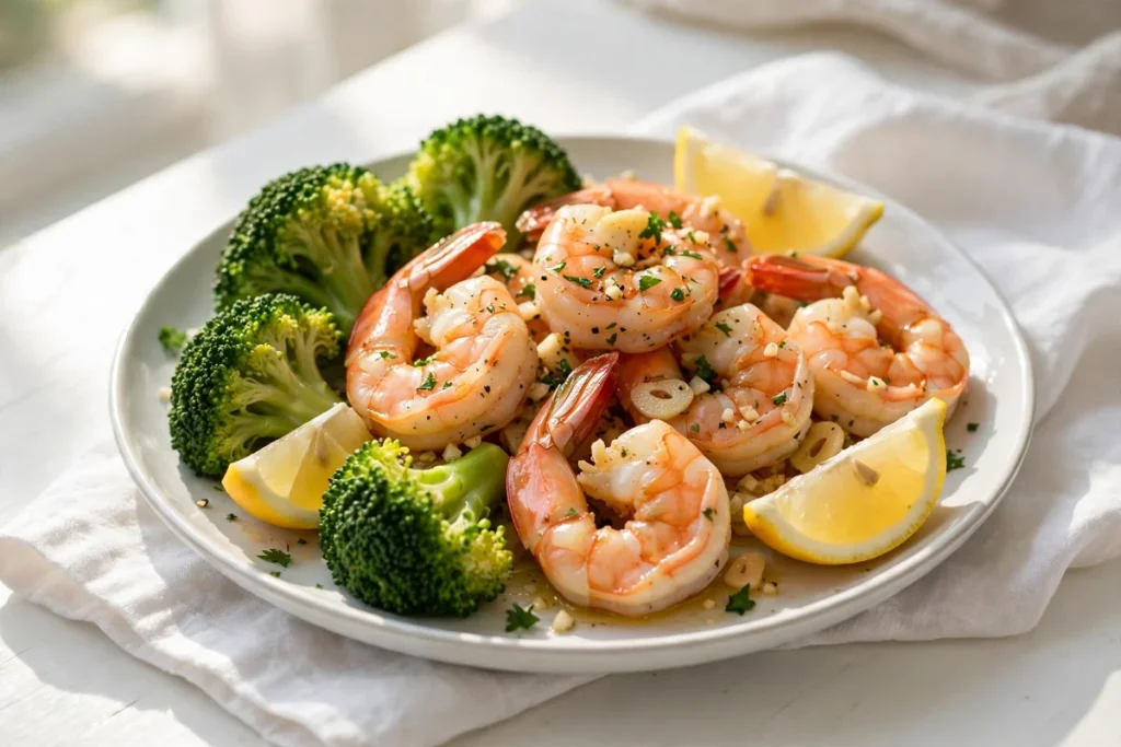 low calorie shrimp recipes — a plate of garlic shrimp with broccoli and lemon