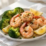 low calorie shrimp recipes — a plate of garlic shrimp with broccoli and lemon