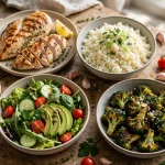 A low-carb dinner spread — grilled chicken, cauliflower rice, roasted broccoli and a green salad with avocado