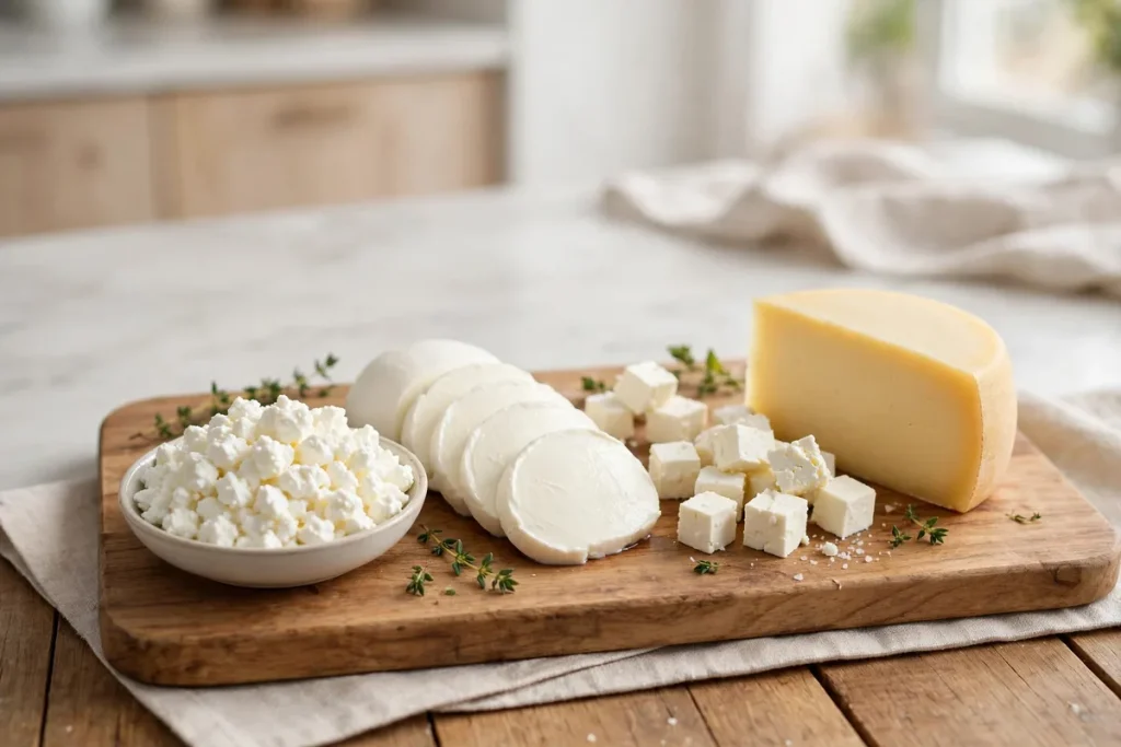 Cottage cheese, mozzarella slices, feta cubes and a cheese wedge on a wooden board
