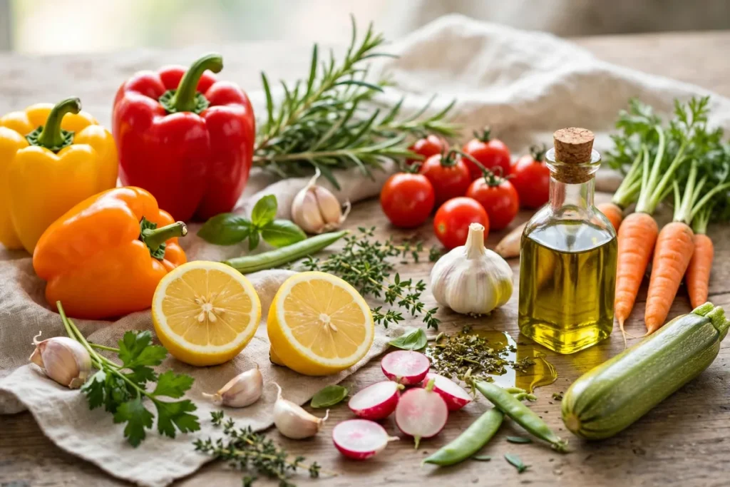 Fresh low-sodium ingredients — bell peppers, tomatoes, herbs, lemon, garlic, carrots and olive oil on a table