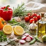 Fresh low-sodium ingredients — bell peppers, tomatoes, herbs, lemon, garlic, carrots and olive oil on a table