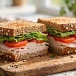Fresh turkey deli sandwich with lettuce and tomato on whole grain bread