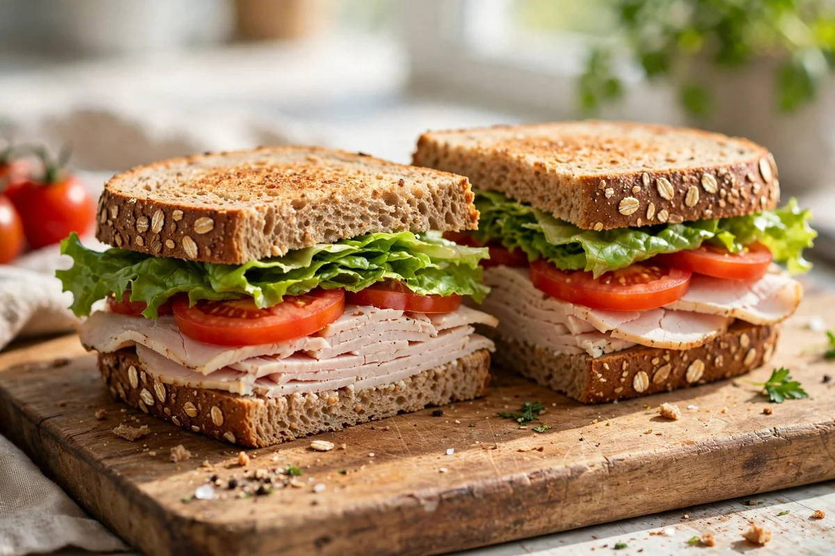 Fresh turkey deli sandwich with lettuce and tomato on whole grain bread