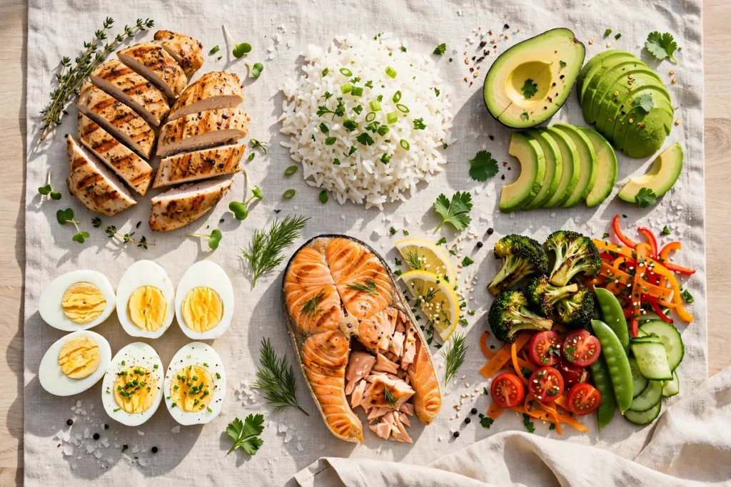 An overhead spread of macro-friendly foods — chicken, rice, avocado, eggs, salmon and vegetables