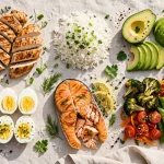 An overhead spread of macro-friendly foods — chicken, rice, avocado, eggs, salmon and vegetables