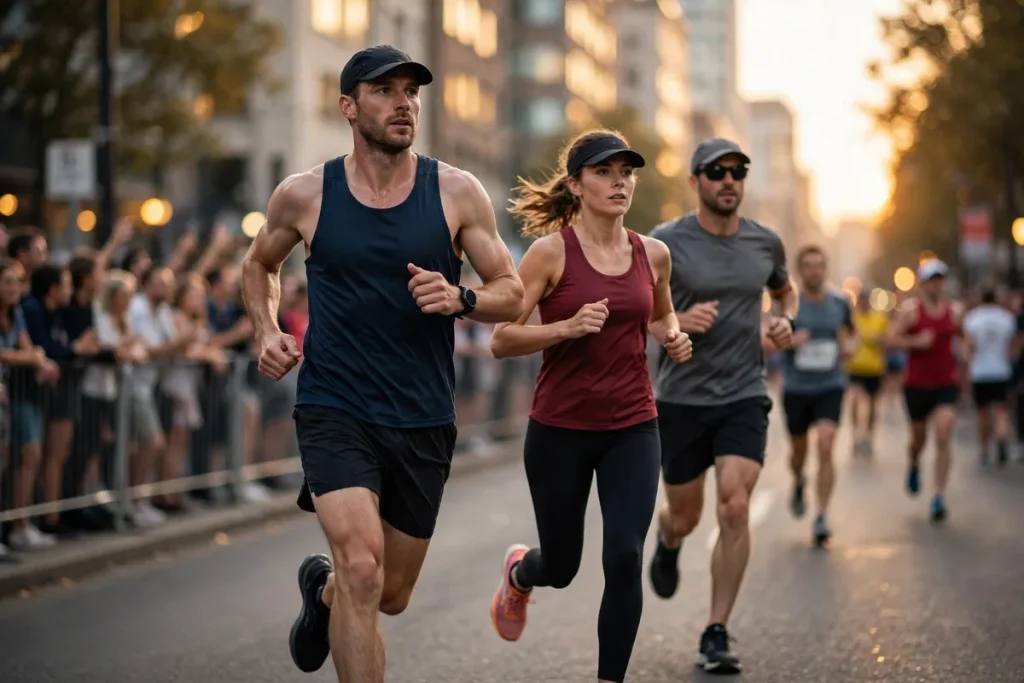 Marathon runners racing on a city street at golden hour with spectators behind barriers