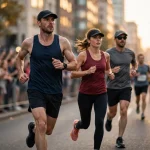 Marathon runners racing on a city street at golden hour with spectators behind barriers