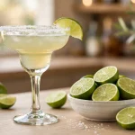 Margarita calories - a classic margarita with a salted rim and lime wedge beside a bowl of limes