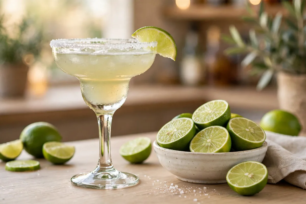 Margarita calories - a classic margarita with a salted rim and lime wedge beside a bowl of limes