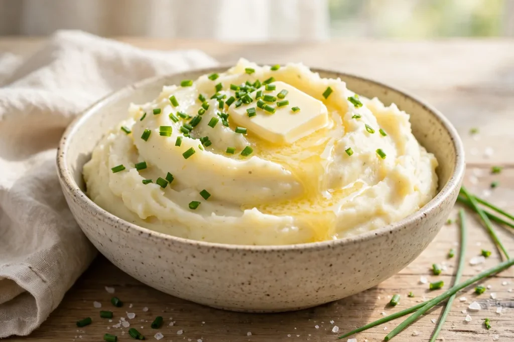 Bowl of mashed potatoes with butter and chives