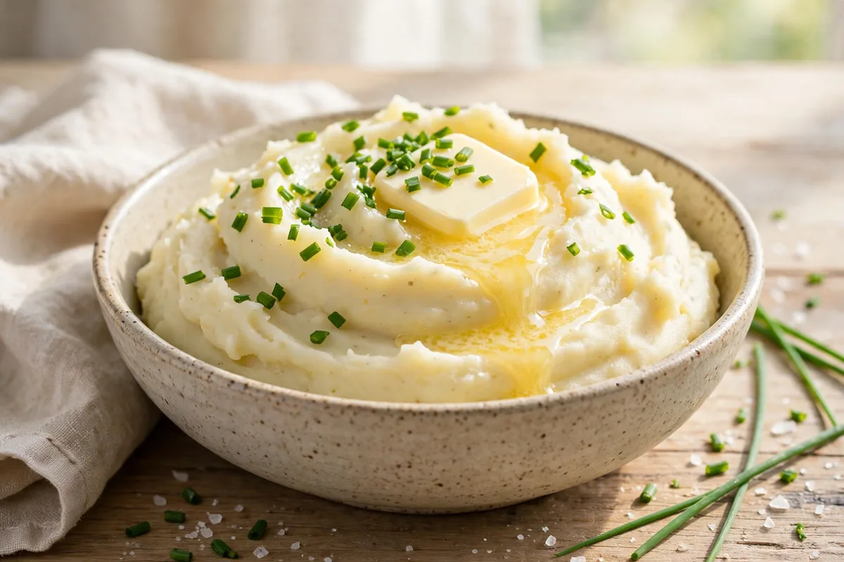 Bowl of mashed potatoes with butter and chives