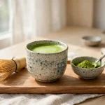 Matcha calories - a cup of green matcha tea with matcha powder and a bamboo whisk