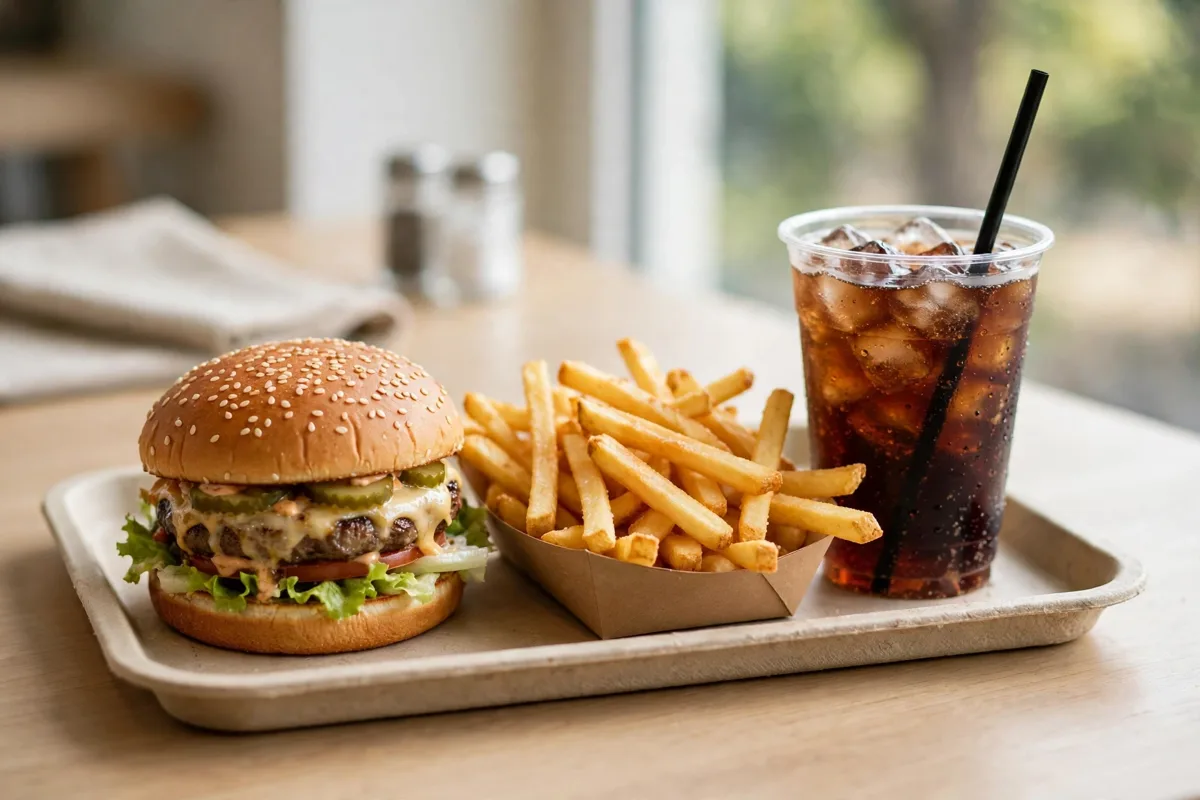 Fast-food meal tray with a burger, fries and a soda cup