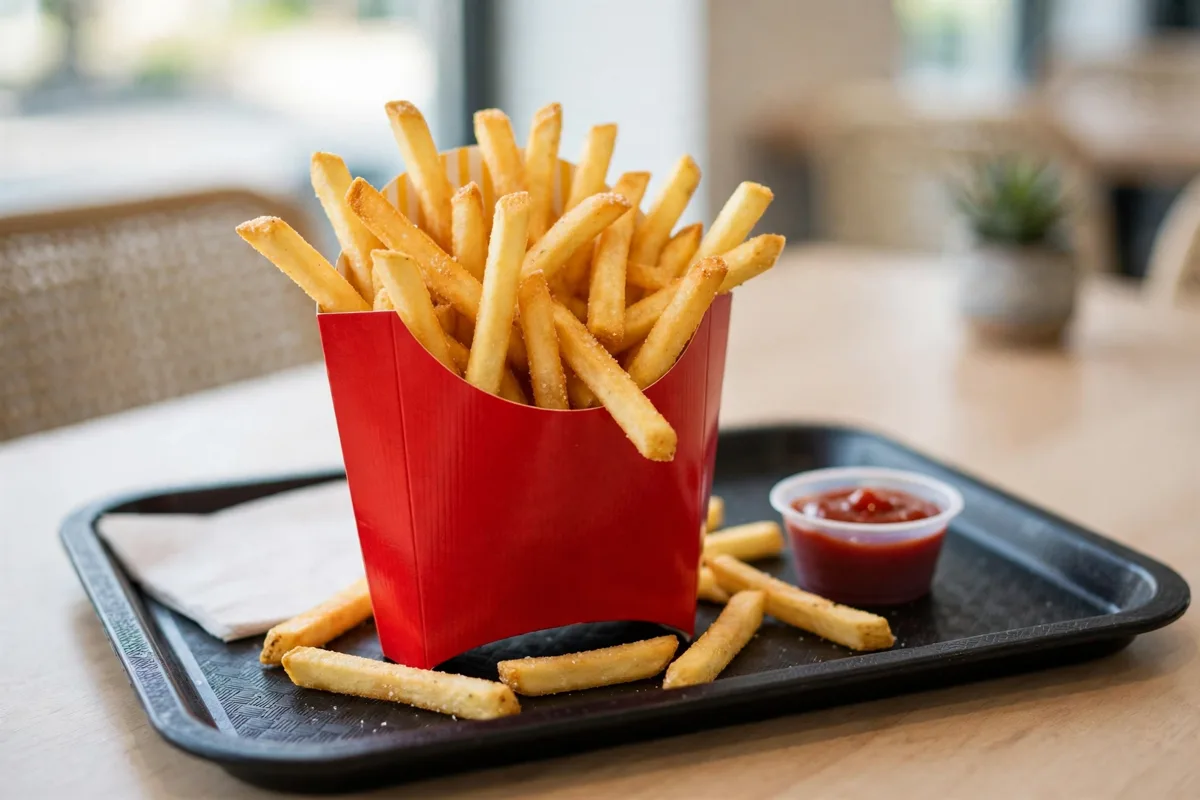 McDonald's fries in a red carton with a cup of ketchup