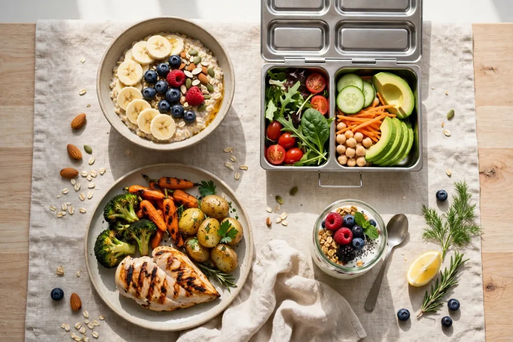 One day of a 1400 calorie meal plan — oatmeal with berries, a salad lunch box, grilled chicken with vegetables, and a yogurt snack