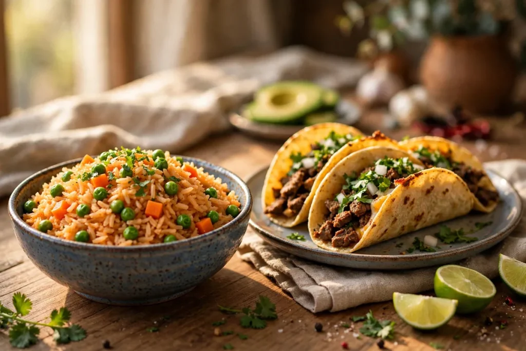 Bowl of Mexican rice next to tacos