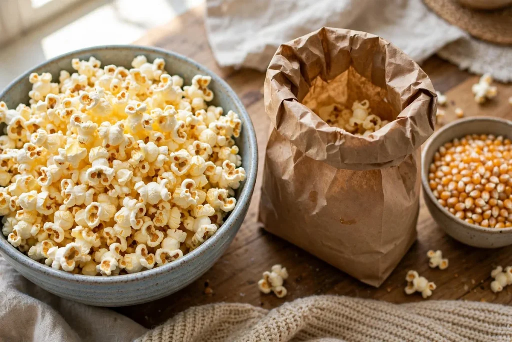 microwave popcorn calories — a bowl of buttered popcorn with a microwave popcorn bag and kernels