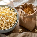 microwave popcorn calories — a bowl of buttered popcorn with a microwave popcorn bag and kernels