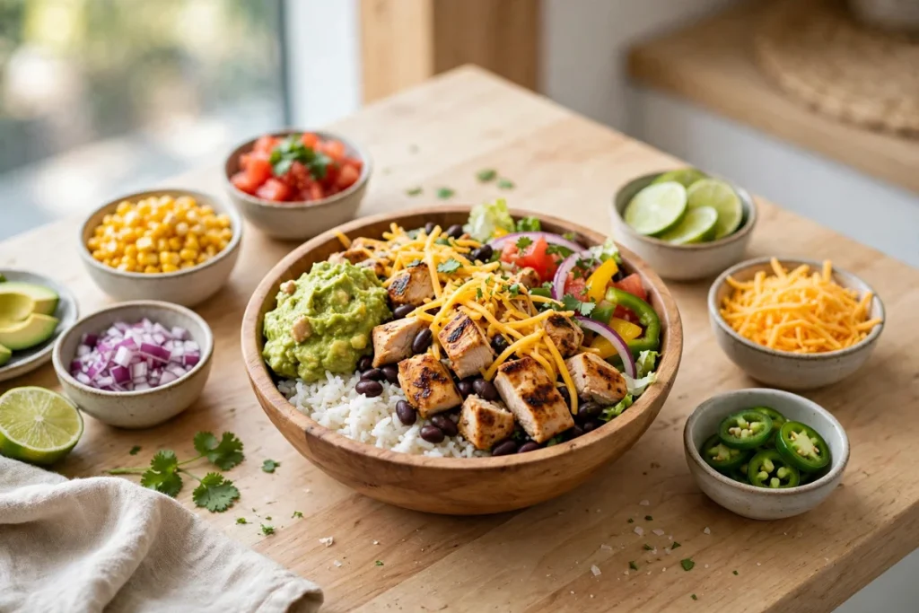 moes nutrition calculator — a build-your-own burrito bowl with rice, chicken, beans and toppings