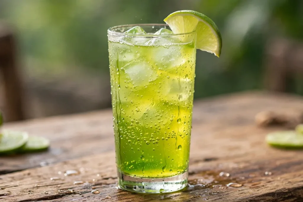 A tall glass of bright green citrus soda with ice cubes and a lime wedge
