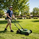 A man pushing a walk-behind lawn mower across a sunny green lawn