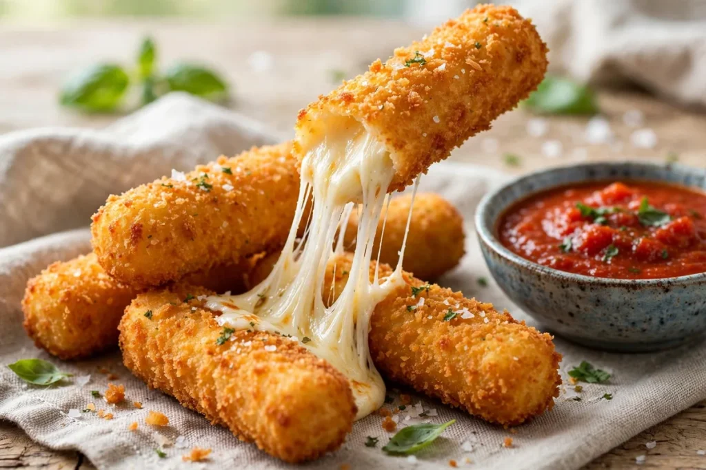 Golden fried mozzarella sticks with marinara sauce