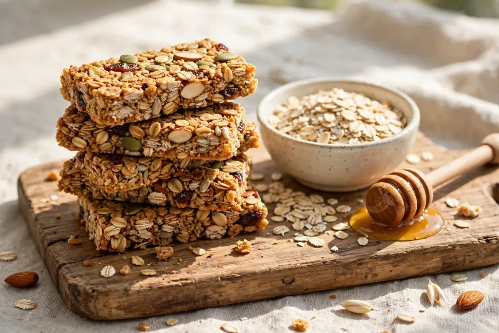 granola bars with oats and honey on a wooden board