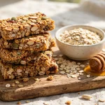 granola bars with oats and honey on a wooden board