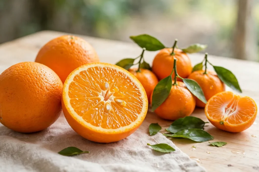 Navel orange and mandarin nutrition - whole and halved navel oranges with mandarins and green leaves on a table