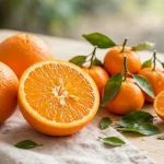 Navel orange and mandarin nutrition - whole and halved navel oranges with mandarins and green leaves on a table