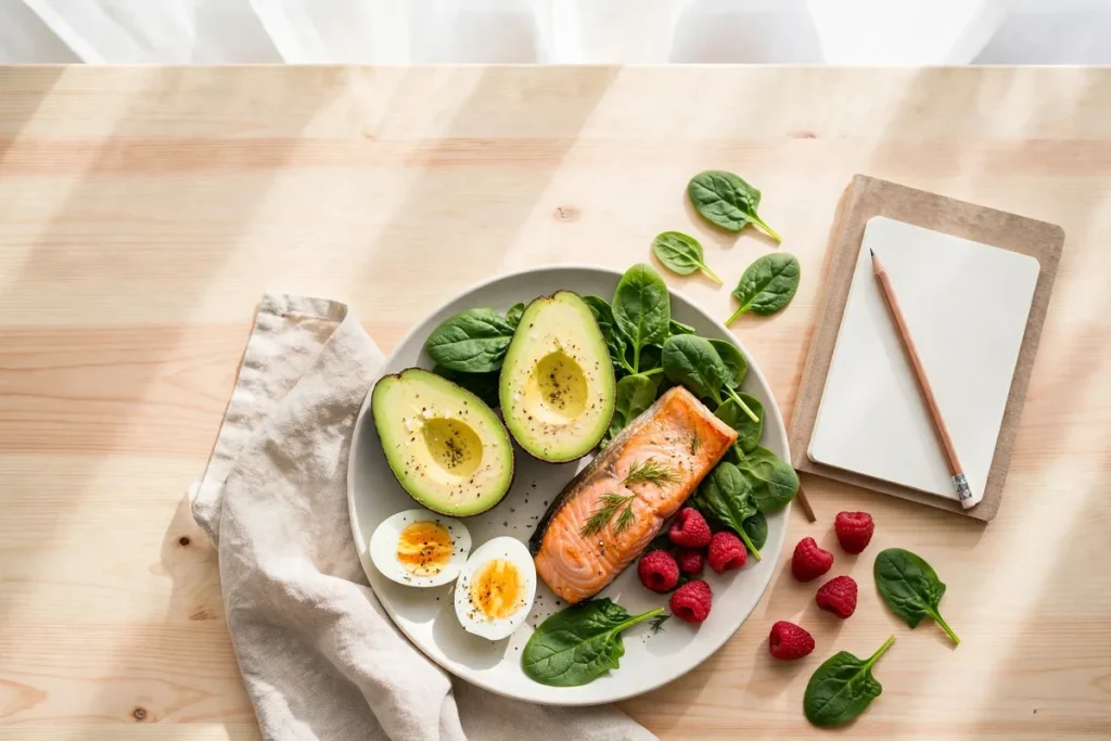 Low-carb, high-fiber foods — avocado, eggs, salmon, spinach and raspberries — the foods used to calculate net carbs