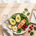 Low-carb, high-fiber foods — avocado, eggs, salmon, spinach and raspberries — the foods used to calculate net carbs