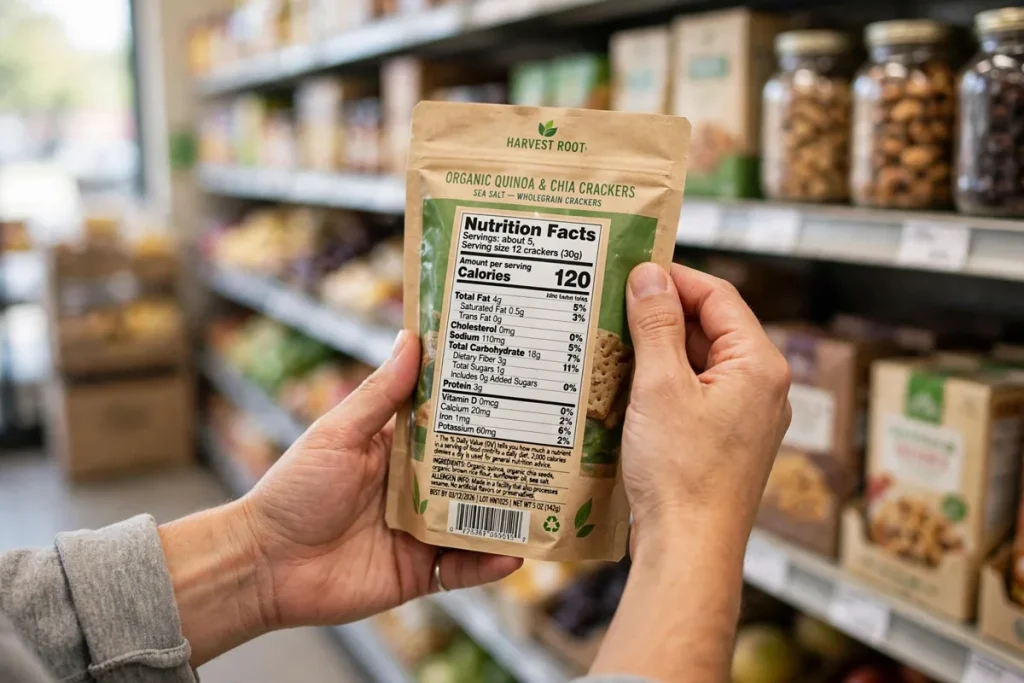 How to read a nutrition facts label - hands holding a food package and reading its nutrition facts label in a grocery store