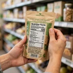 How to read a nutrition facts label - hands holding a food package and reading its nutrition facts label in a grocery store