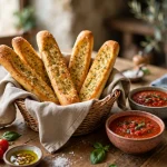Basket of garlic breadsticks with marinara dipping sauce