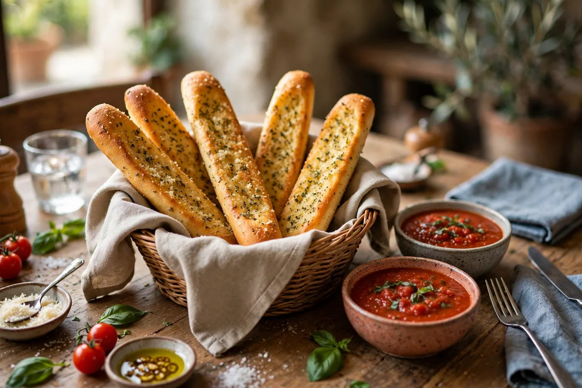 Basket of garlic breadsticks with marinara dipping sauce