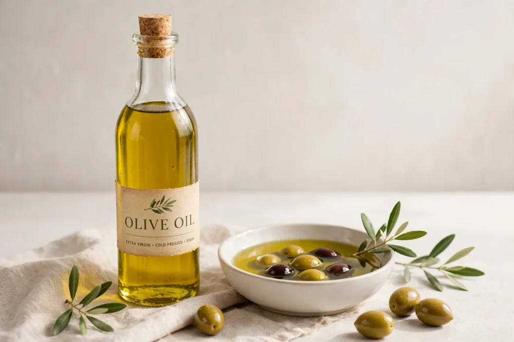 Bottle and small bowl of golden olive oil with olives