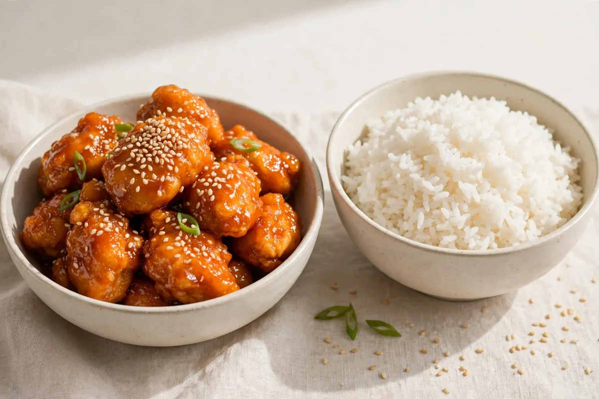 Bowl of glossy orange chicken with sesame seeds next to steamed rice