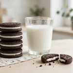Chocolate sandwich cookies stacked beside a glass of milk